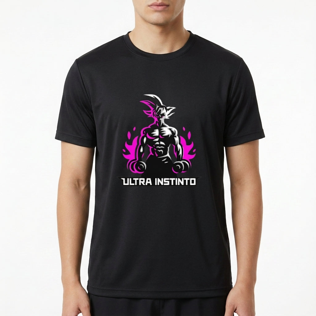 Camiseta com estampa frontal de figura musculosa em pose séria, cercada por chamas estilizadas, acima da frase "Ultra Instinto".