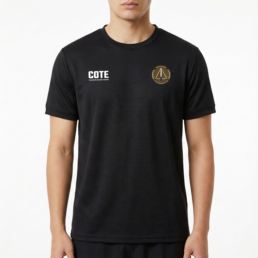Camiseta com estampa frontal de uma inscrição "COTE" e um emblema com uma lança dourada, e estampa traseira de um círculo com diversos símbolos e inscrições.