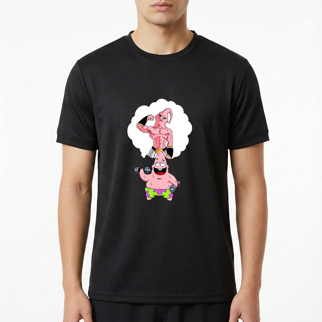 Camiseta com estampa frontal de personagem segurando pesos em pensamento de elefante musculoso com halteres, transmitindo ideia de força e treino.