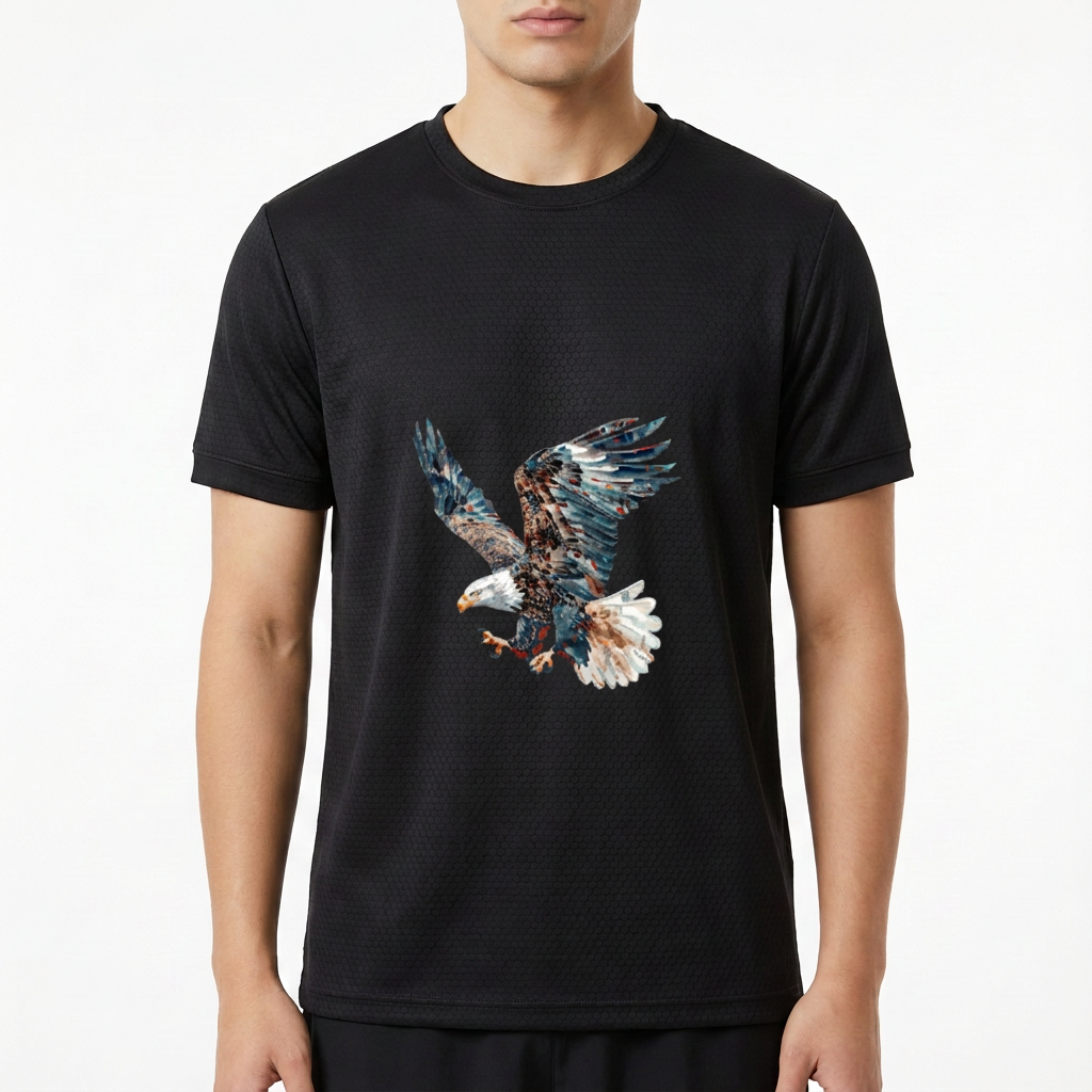 Camiseta com estampa frontal de uma águia em pleno voo, detalhando penas majestosas e olhar penetrante, capturando o momento em que se lança ao ar.