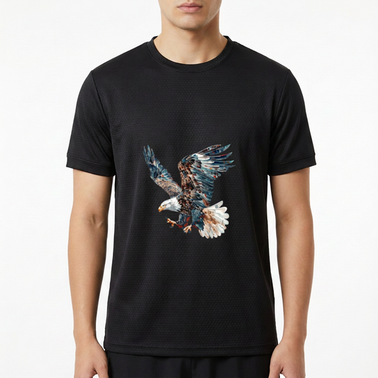 Camiseta com estampa frontal de uma águia em pleno voo, detalhando penas majestosas e olhar penetrante, capturando o momento em que se lança ao ar.
