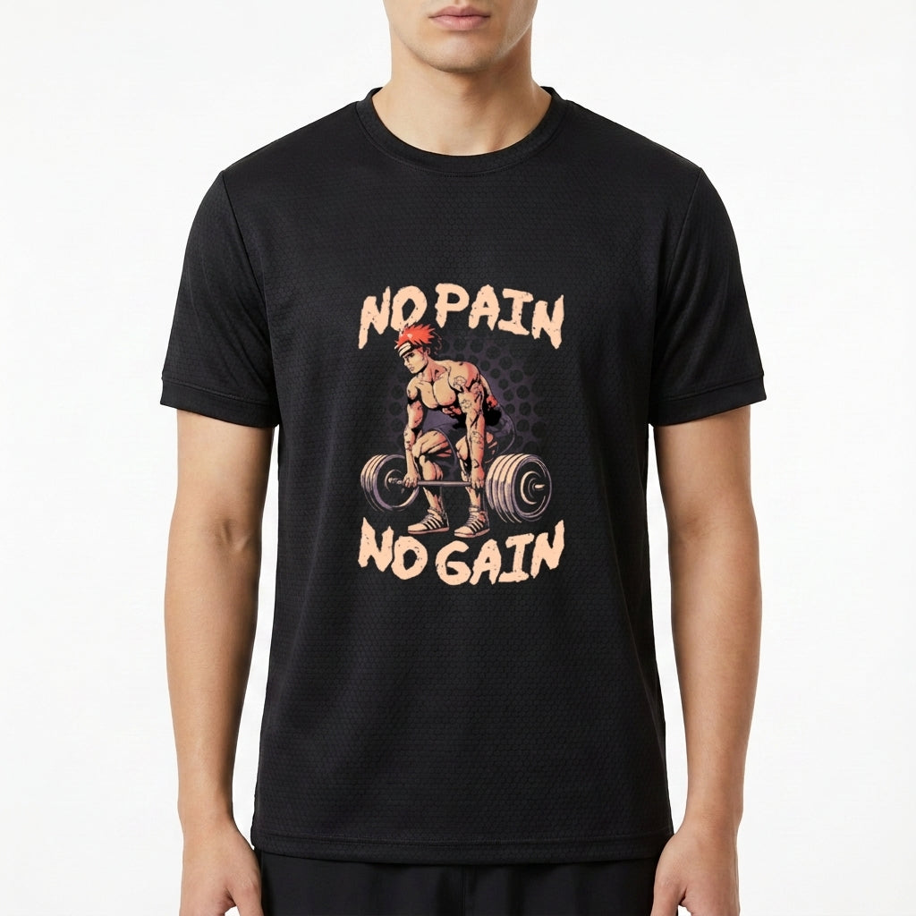 Camiseta com estampa frontal de uma figura masculina levantando pesos, cercada pelas frases "No Pain" acima e "No Gain" abaixo da imagem.