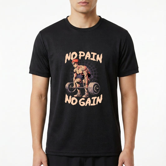 Camiseta com estampa frontal de uma figura masculina levantando pesos, cercada pelas frases "No Pain" acima e "No Gain" abaixo da imagem.