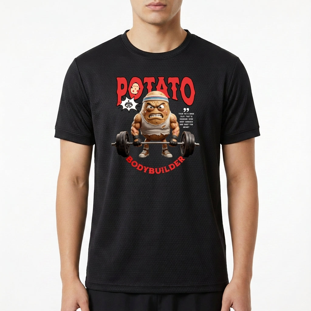 Camiseta com estampa frontal de uma batata musculosa levantando pesos, acompanhada das palavras “Potato Bodybuilder” em letras estilizadas.