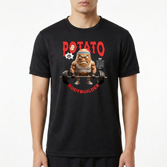 Camiseta com estampa frontal de uma batata musculosa levantando pesos, acompanhada das palavras “Potato Bodybuilder” em letras estilizadas.