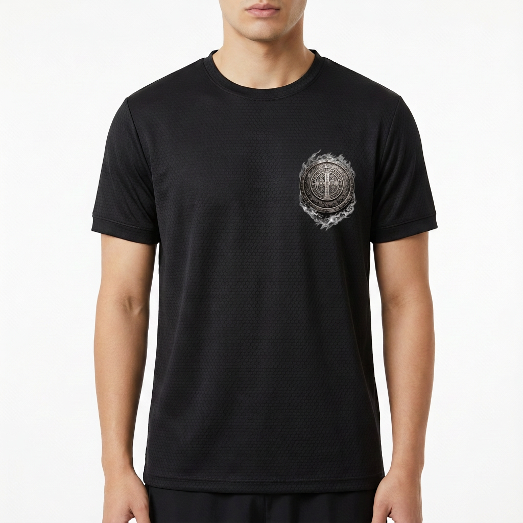 Camiseta com estampa frontal de símbolo circular ornamentado com detalhes intrincados e estampa traseira de texto sobreposto por símbolo em cima.