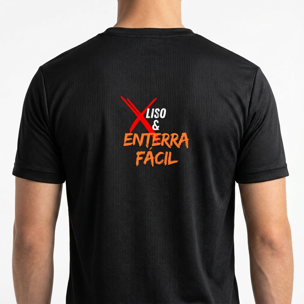 Camiseta com estampa frontal de bola de basquete e cesta, acompanhada da palavra "BIDO" estilizada verticalmente, e estampa traseira com a mensagem "X LISO & ENTERRA FÁCIL".