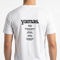 Camiseta com estampa frontal de "aparigraha. desapego" e estampa traseira de termos "yamas, satya, brahmacharya, ahimsa, asteya, aparigraha" com suas traduções.