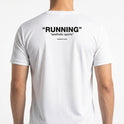 Camiseta com estampa frontal de "RUNNING" e estampa traseira de "RUNNING" com frase "aesthetic sports" e "ROWNER CLUB" logo abaixo, em estilo minimalista.