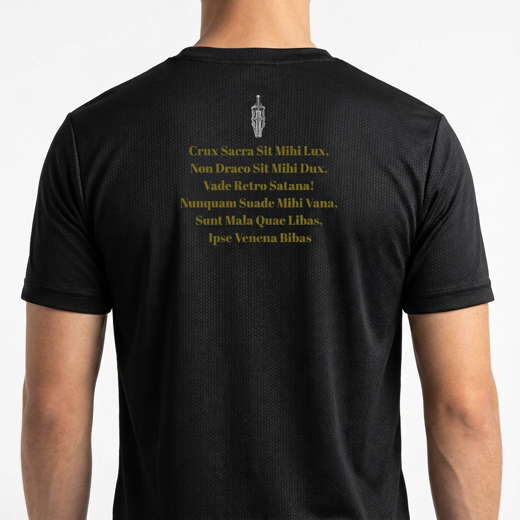 Camiseta com estampa frontal de símbolo circular ornamentado com detalhes intrincados e estampa traseira de texto sobreposto por símbolo em cima.