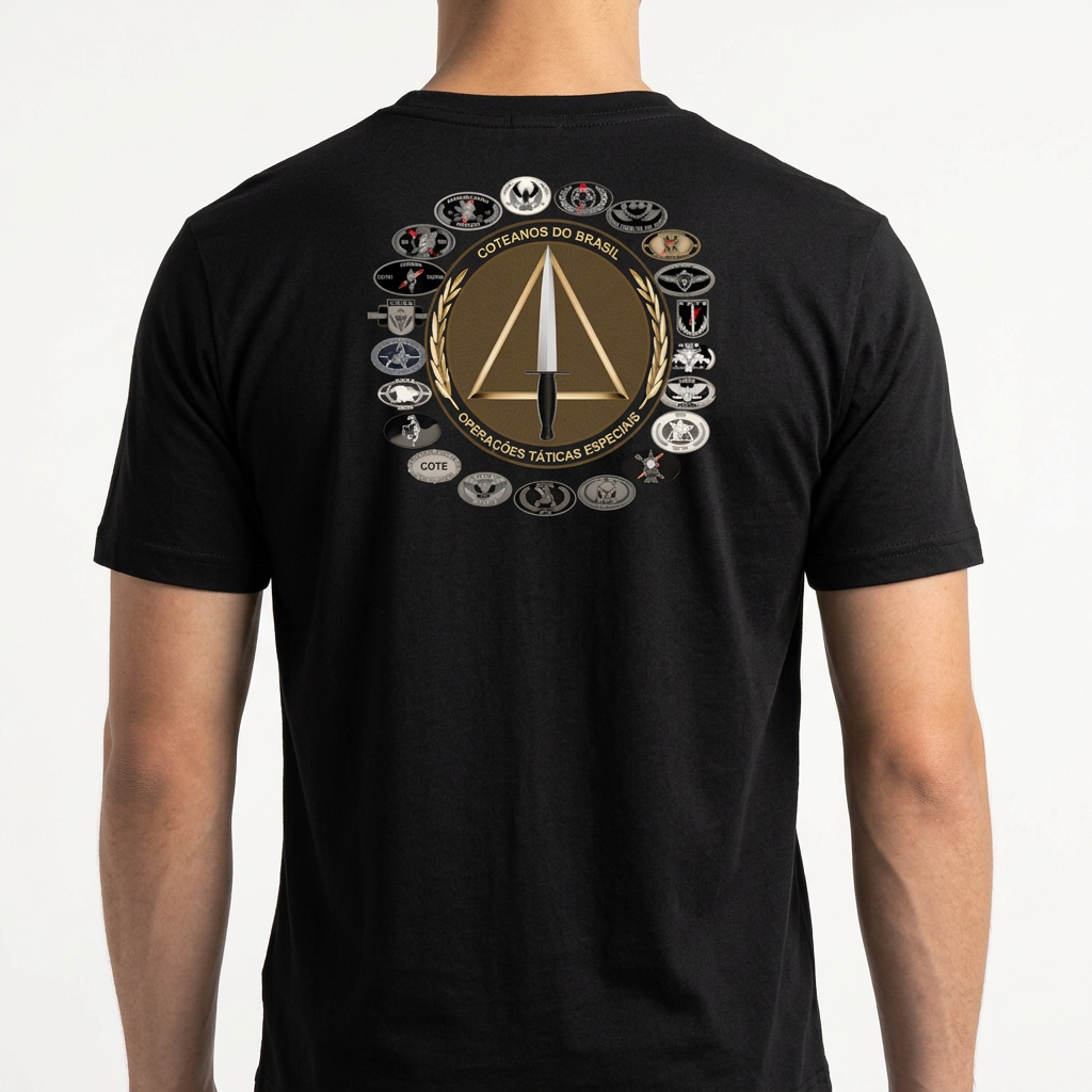 Camiseta com estampa frontal de uma inscrição "COTE" e um emblema com uma lança dourada, e estampa traseira de um círculo com diversos símbolos e inscrições.
