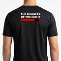 Camiseta com estampa frontal de "The Runners of the Night" em pequeno destaque e estampa traseira grandes letras de "The Runners of the Night" e "Rowker Club".