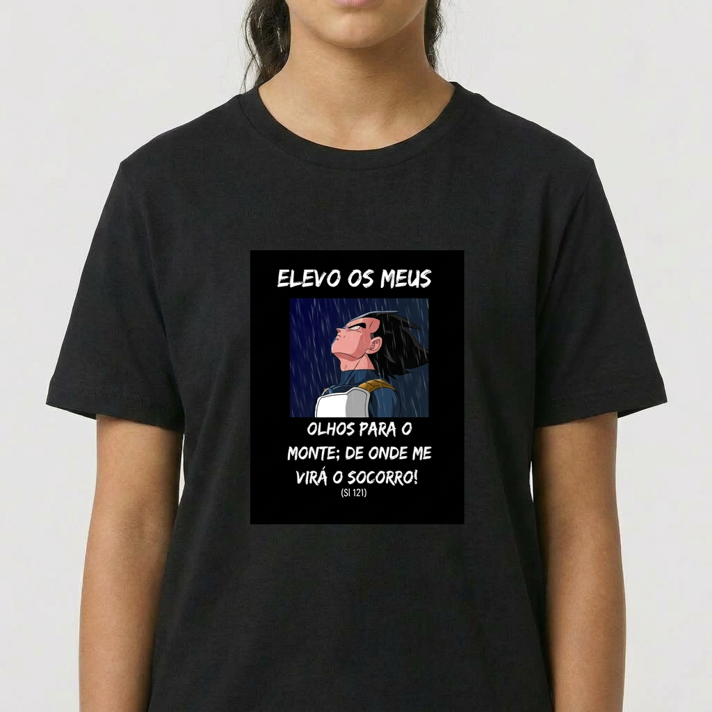 Camiseta com estampa frontal de personagem olhando para cima, texto "ELEVO OS MEUS OLHOS PARA O MONTE; DE ONDE ME VIRÁ O SOCORRO?" e referência bíblica.