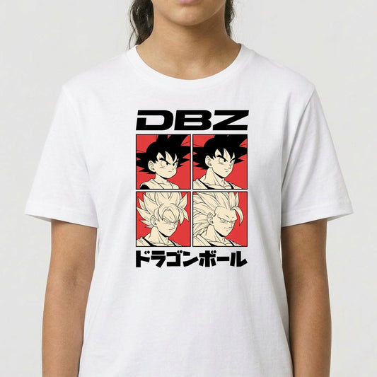Camiseta com estampa frontal de quatro quadrados ilustrando personagens de cabelo arrepiado, acompanhados pelas letras "DBZ" acima e texto em japonês abaixo.