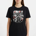 Camiseta com estampa frontal de guerreiro musculoso em quadrantes, com navio, homem barbudo, escudo e machado ao fundo, com texto inferior "Thron Bodybuilder".