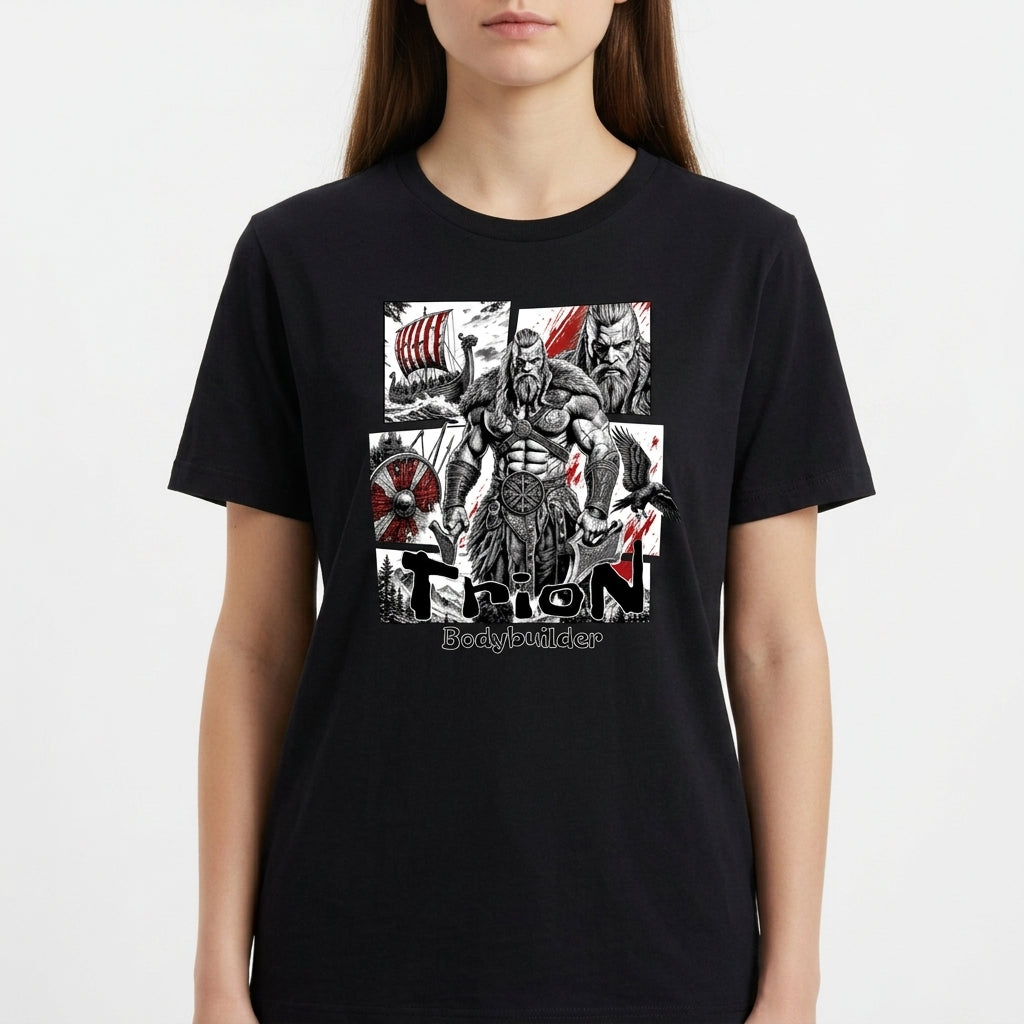 Camiseta com estampa frontal de guerreiro musculoso em quadrantes, com navio, homem barbudo, escudo e machado ao fundo, com texto inferior "Thron Bodybuilder".