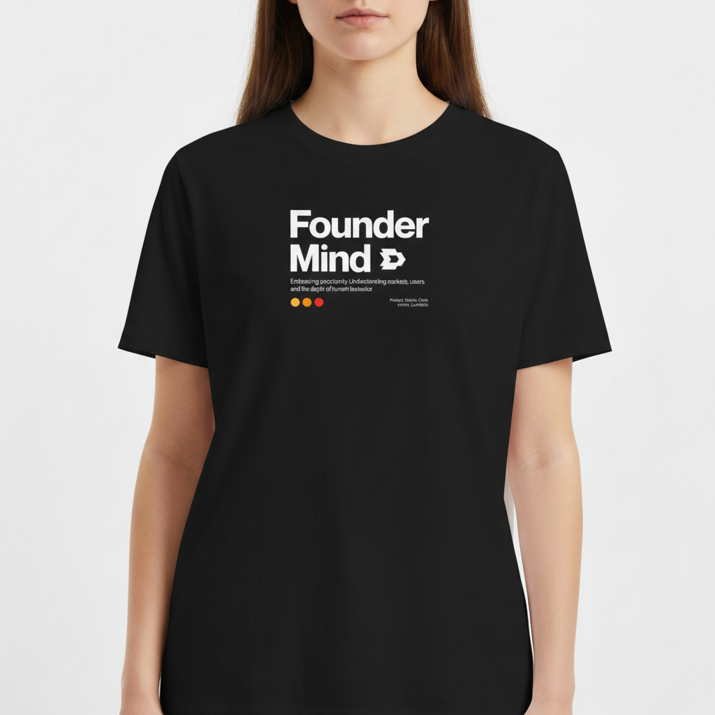 Camiseta com estampa frontal de texto "Founder Mind" acompanhado de uma silhueta de cabeça, frase inspiradora e três círculos coloridos abaixo.