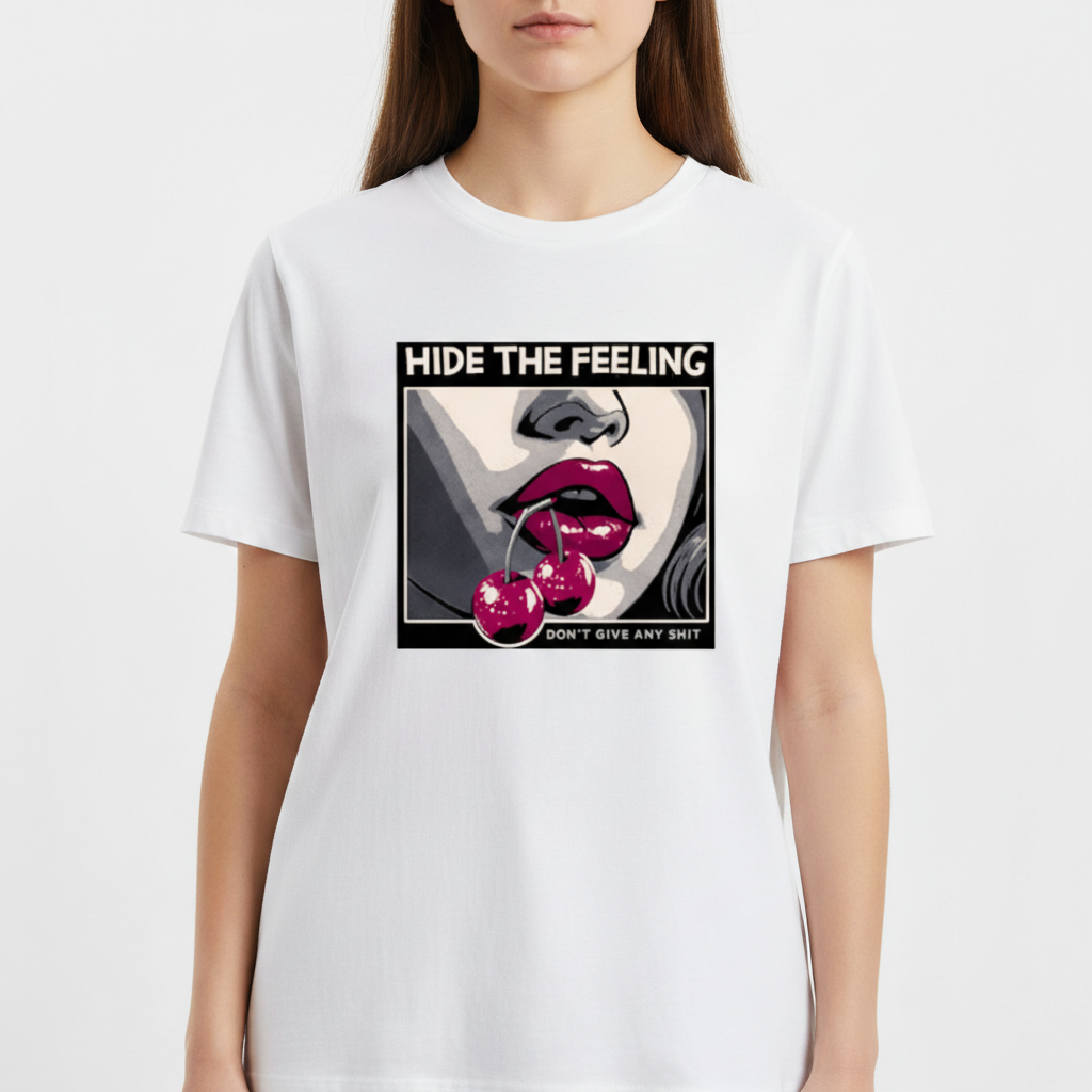 Camiseta com estampa frontal de close de rosto com lábios destacados e cerejas, acompanhada das frases "HIDE THE FEELING" e "DON'T GIVE ANY SHIT".