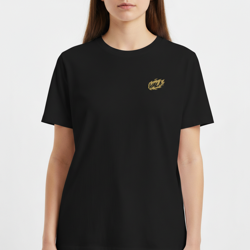 Camiseta com estampa frontal de logotipo estilizado "VALA" e estampa traseira com texto em negrito "NO PLACE FOR" seguido de palavras contra discriminação e ódio.