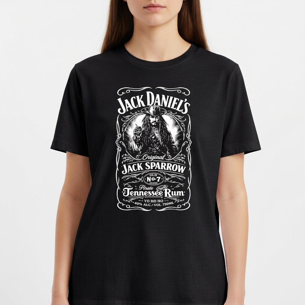 Camiseta com estampa frontal de rótulo estilizado contendo ilustração de pirata e textos variados em estilo clássico, imitando uma famosa marca de bebida.