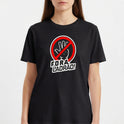 Camiseta com estampa frontal de uma mão aberta dentro de um círculo com uma linha diagonal sobreposta, acompanhada da frase "Fora Ladrão!".