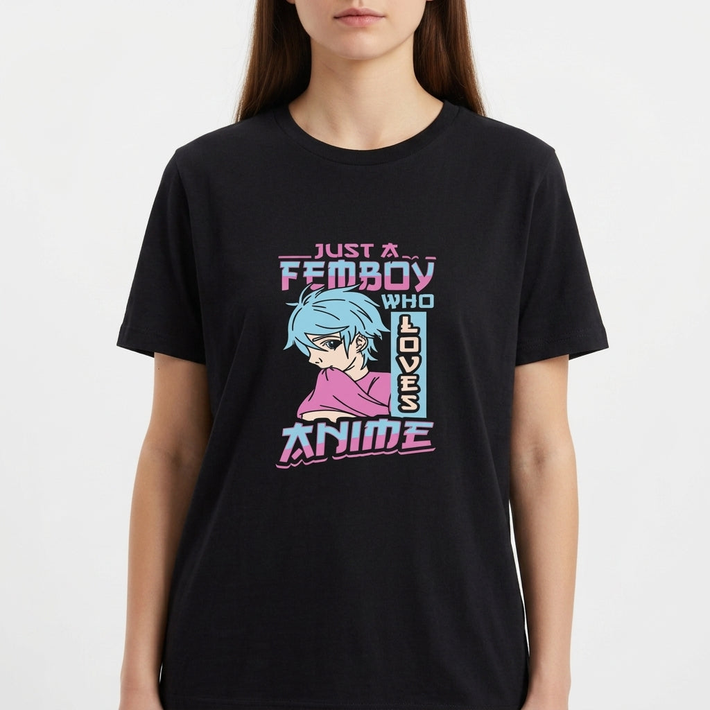 Camiseta com estampa frontal de personagem ilustrado em estilo anime com cabelo azul, vestindo camisa e texto impactante sobre amor por anime.