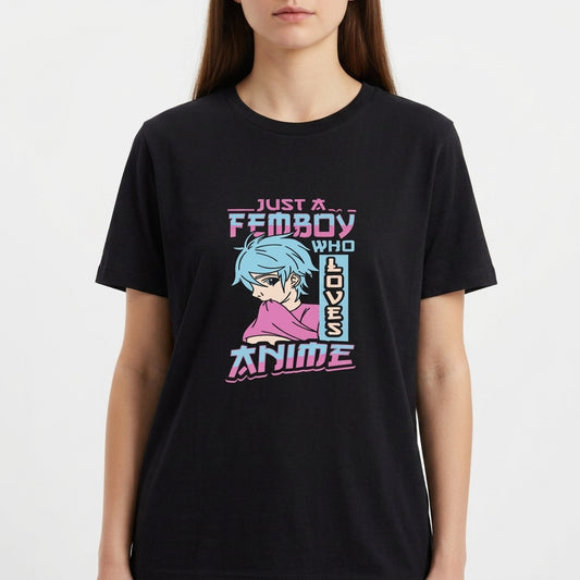Camiseta com estampa frontal de personagem ilustrado em estilo anime com cabelo azul, vestindo camisa e texto impactante sobre amor por anime.