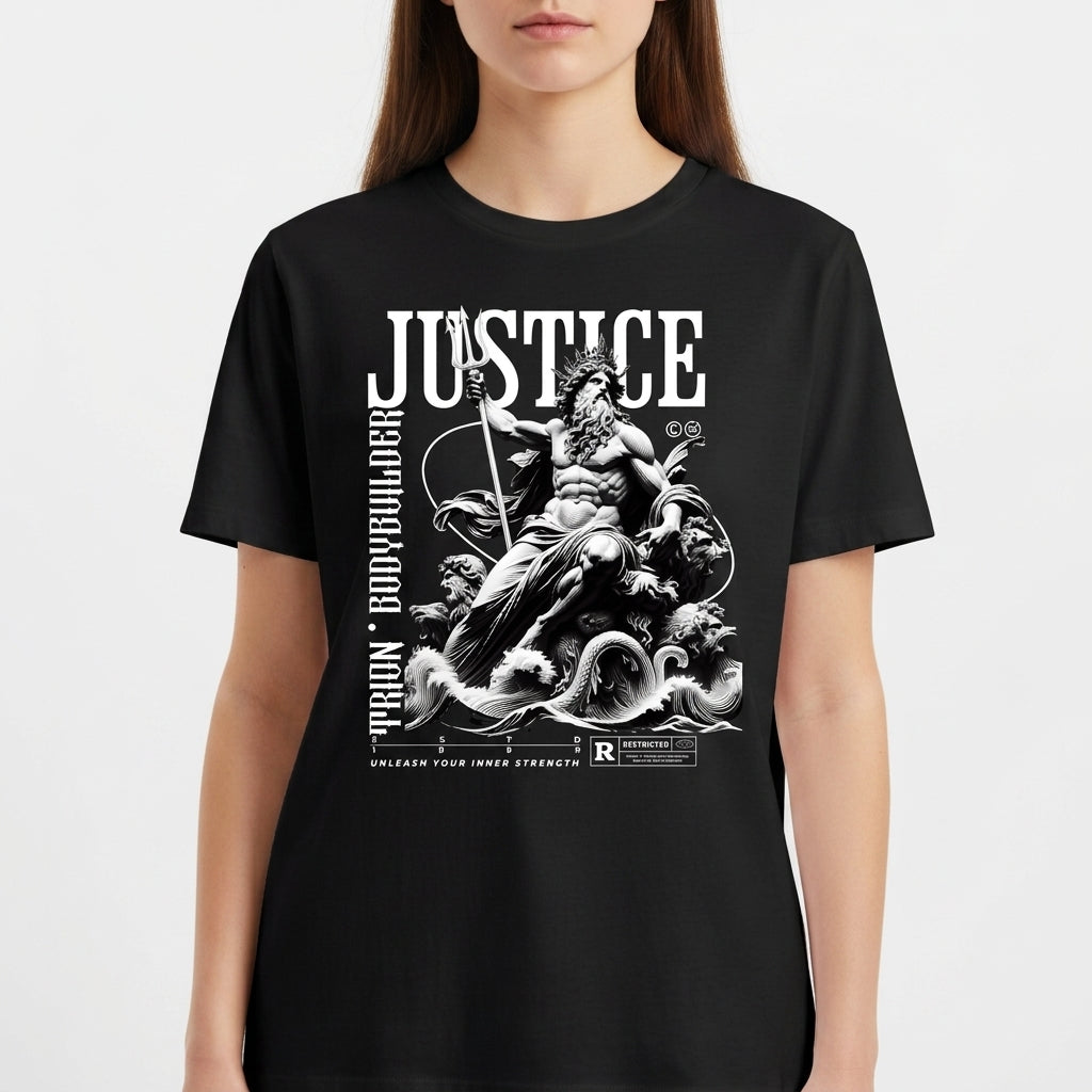 Camiseta com estampa frontal de deidade mitológica segurando um tridente sobre ondas, acompanhada das palavras "Justice", "Train Bodybuilder" e outros textos decorativos.