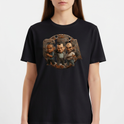 Camiseta com estampa frontal de três personagens estilizados em pose séria dentro de uma estrutura metálica envelhecida, com detalhes de ferrugem ao redor.