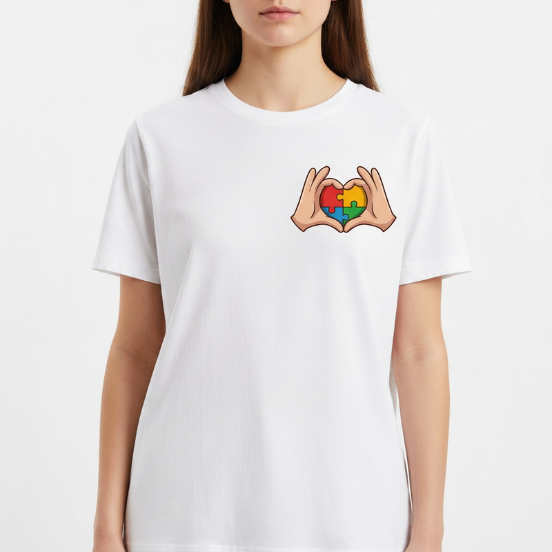 Camiseta com estampa frontal de mãos formando coração com peças de quebra-cabeça coloridas e estampa traseira com frase sobre autismo em diferentes cores.