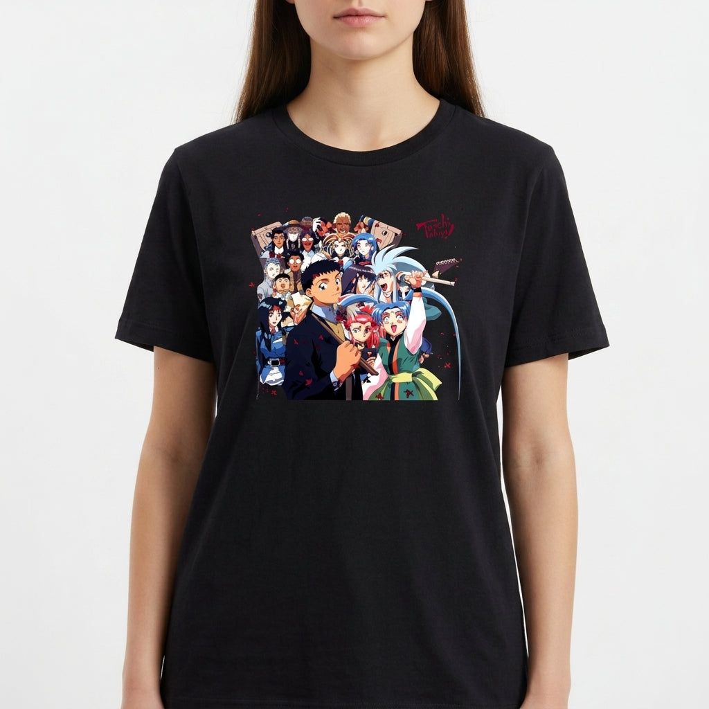 Camiseta com estampa frontal de diversos personagens de anime alinhados, exibindo expressões variadas, alguns com adereços únicos e poses dinâmicas.