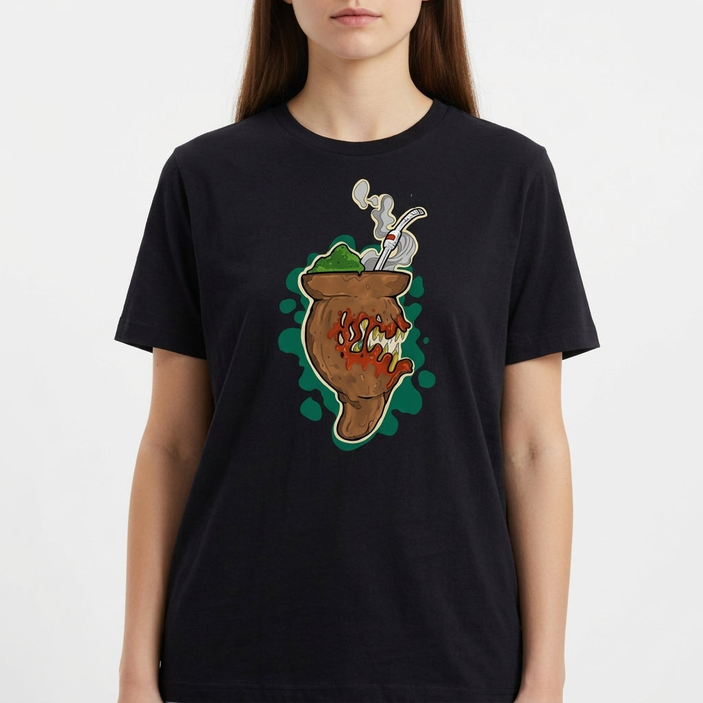 Camiseta com estampa frontal de um chimarrão estilizado com erva-mate, cuia e fumaça, rodeado por um fundo de formas orgânicas em contraste.