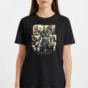 Camiseta com estampa frontal de um guerreiro musculoso em quadrantes, junto a um navio viking, escudo, espadas e texto "TRION BODYBUILDER".
