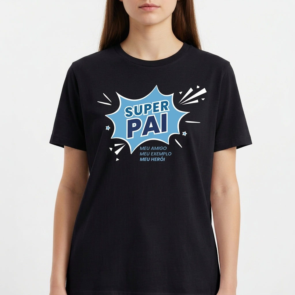 Camiseta com estampa frontal de um balão de diálogo no estilo quadrinhos com a frase "Super Pai" destacada, acompanhada por "meu amigo, meu exemplo, meu herói".