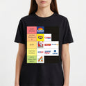 Camiseta com estampa frontal de uma tabela de logos de empresas em diferentes categorias, organizados em colunas, incluindo nomes e logomarcas de supermercados.