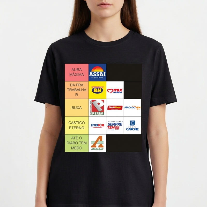 Camiseta com estampa frontal de uma tabela de logos de empresas em diferentes categorias, organizados em colunas, incluindo nomes e logomarcas de supermercados.