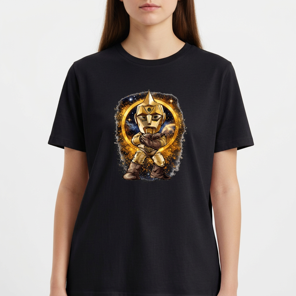 Camiseta com estampa frontal de robô guerreiro com escudo e espada, em pose de combate, cercado por um círculo flamejante em um fundo galáctico.