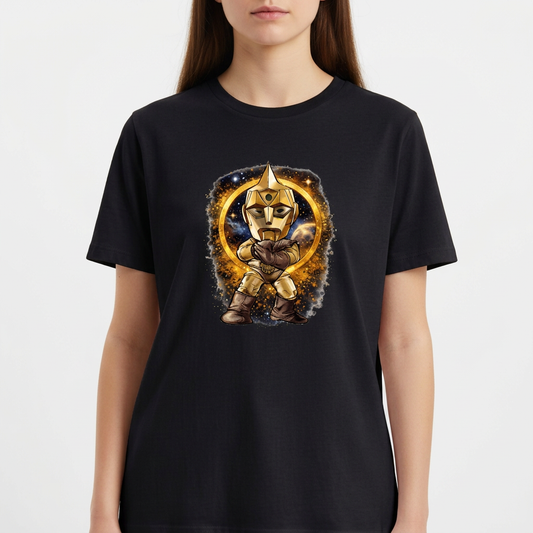 Camiseta com estampa frontal de robô guerreiro com escudo e espada, em pose de combate, cercado por um círculo flamejante em um fundo galáctico.