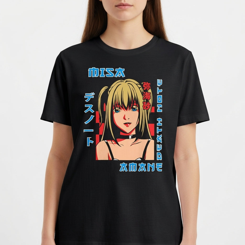 Camiseta com estampa frontal de uma personagem anime com cabelos longos, acompanhada de textos em estilo japonês ao redor.