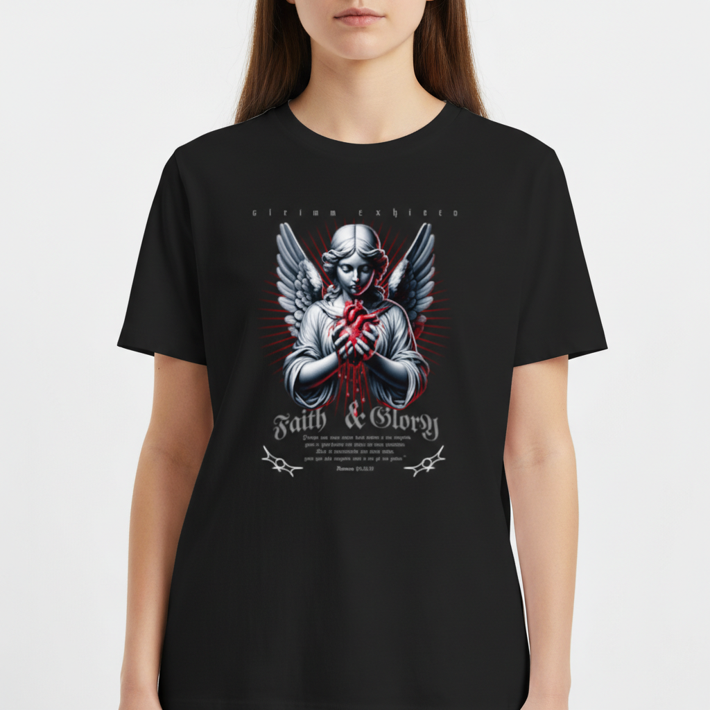 Camiseta com estampa frontal de anjo com asas, segurando um coração vermelho sangrando, cercado por inscrições "Faith & Glory" e "Romans 10:10".