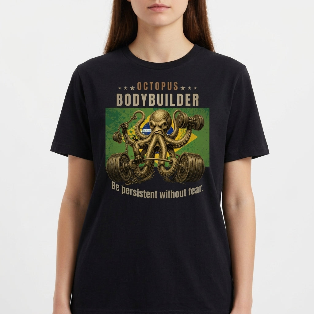 Camiseta com estampa frontal de polvo musculoso levantando pesos, rodeado por estrelas e letras, complementado por uma mensagem motivacional em inglês.