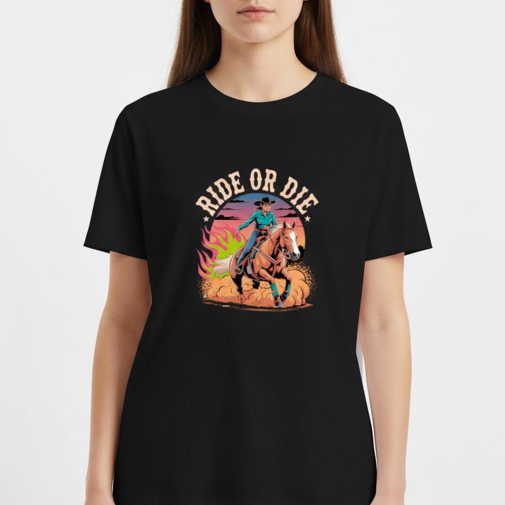 Camiseta com estampa frontal de um cavaleiro galopando em um cavalo, cercado por chamas e poeira, com a frase "Ride or Die" em destaque no topo.