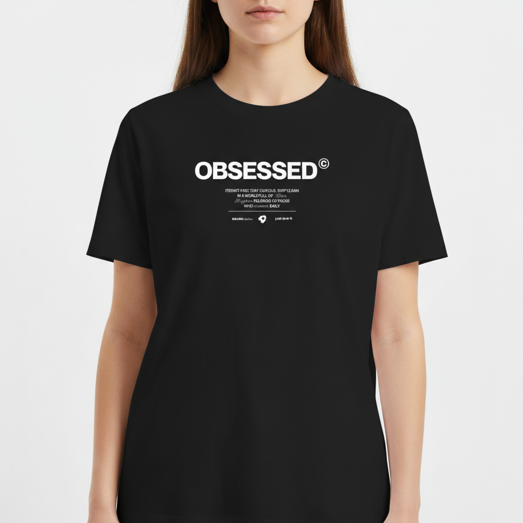 Camiseta com estampa frontal de texto grande "OBSESSED" seguido por linhas menores que incluem mensagens inspiradoras e dois logotipos pequenos abaixo.