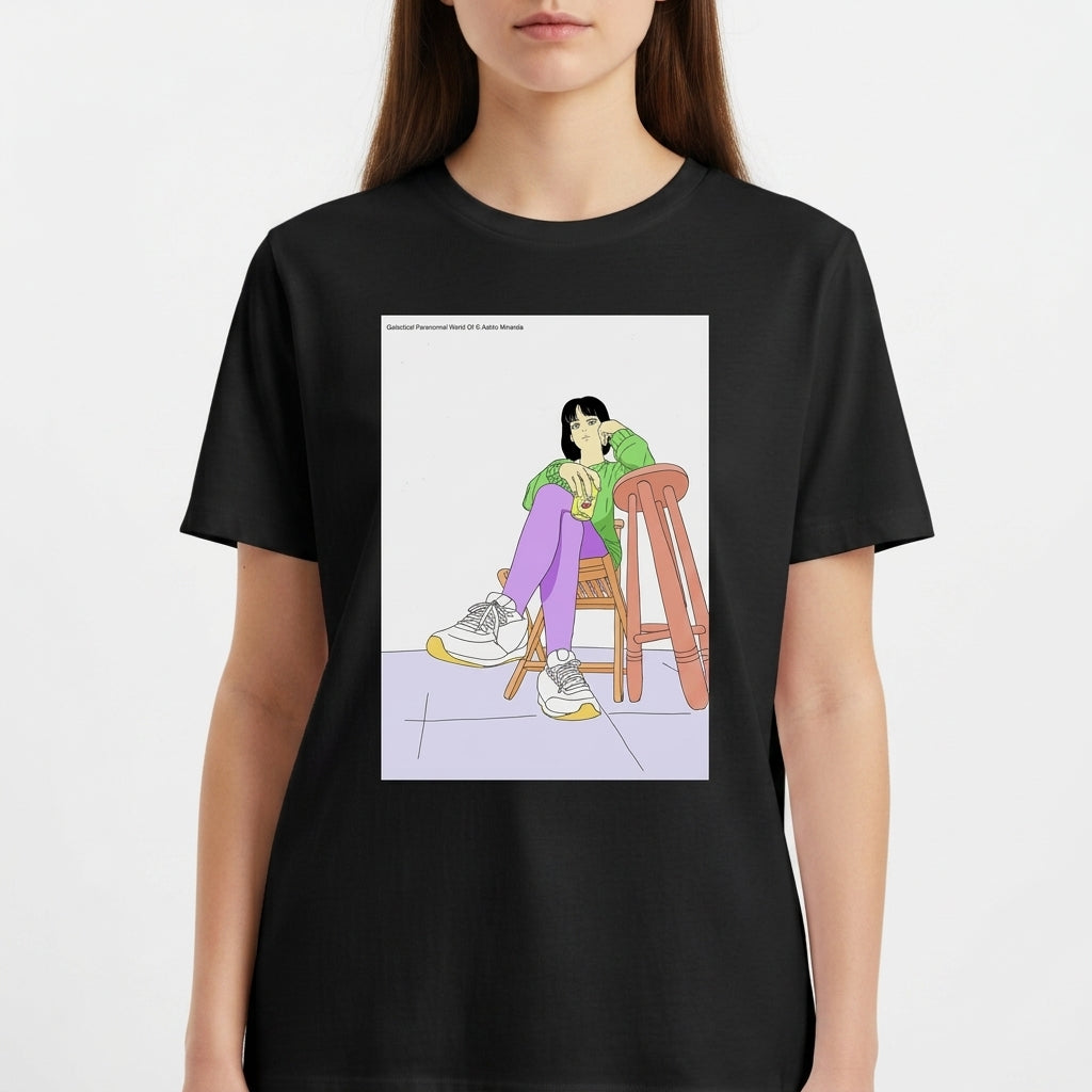 Camiseta com estampa frontal de uma figura sentada em cadeiras entrelaçadas, vestindo roupas casuais e tênis, sobre um piso com padrão geométrico.
