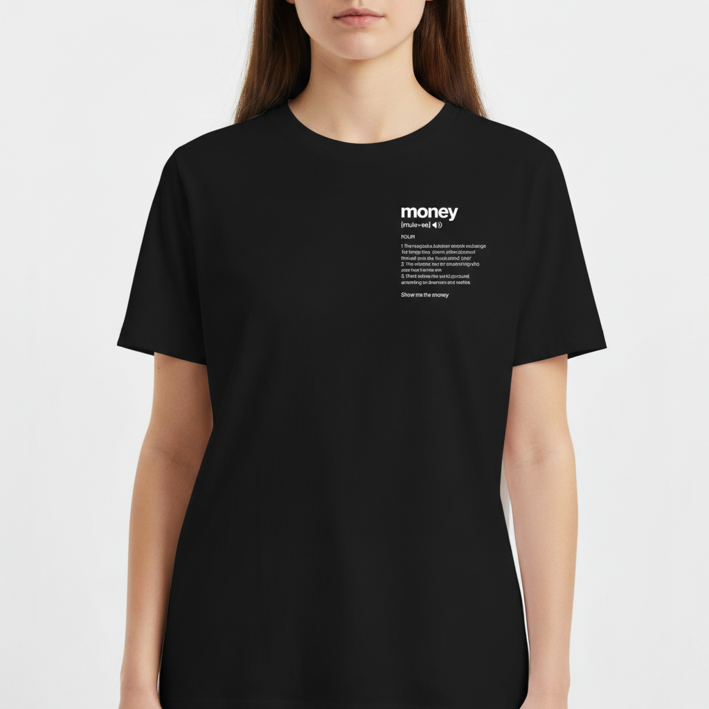 Camiseta com estampa frontal de texto descrevendo a definição da palavra "money", incluindo pronúncia, um ícone de som e três sentidos contextualizados.