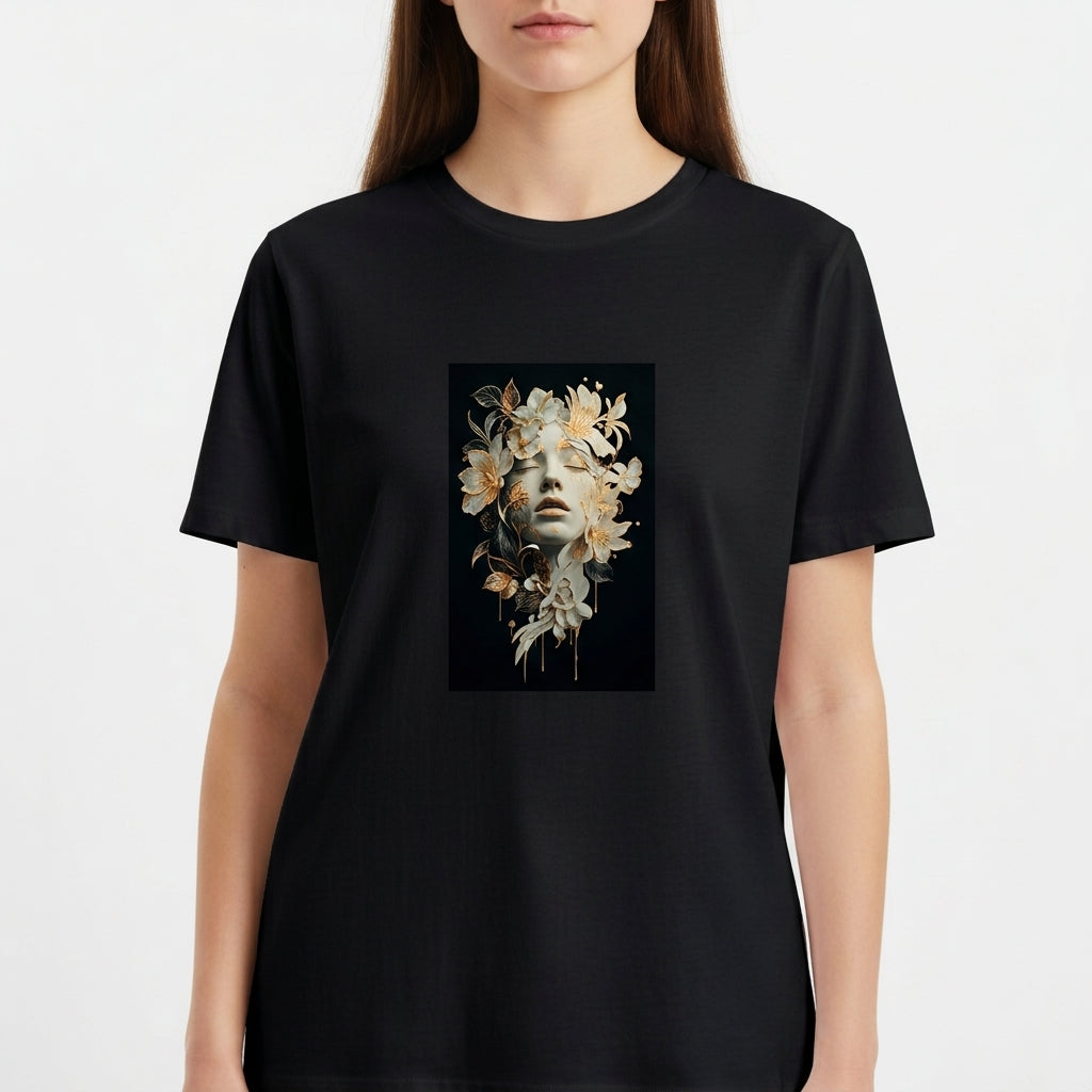 Camiseta com estampa frontal de um rosto artístico imerso em elementos florais intricados, criando um visual detalhado e intrigante que capta a atenção.