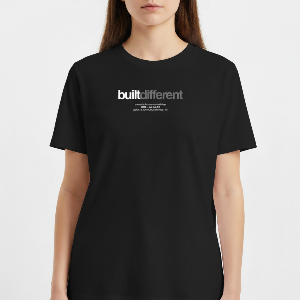 Camiseta com estampa frontal de texto estilizado "built different" acompanhado de frases menores alinhadas abaixo, sugerindo um conceito único e marcante.