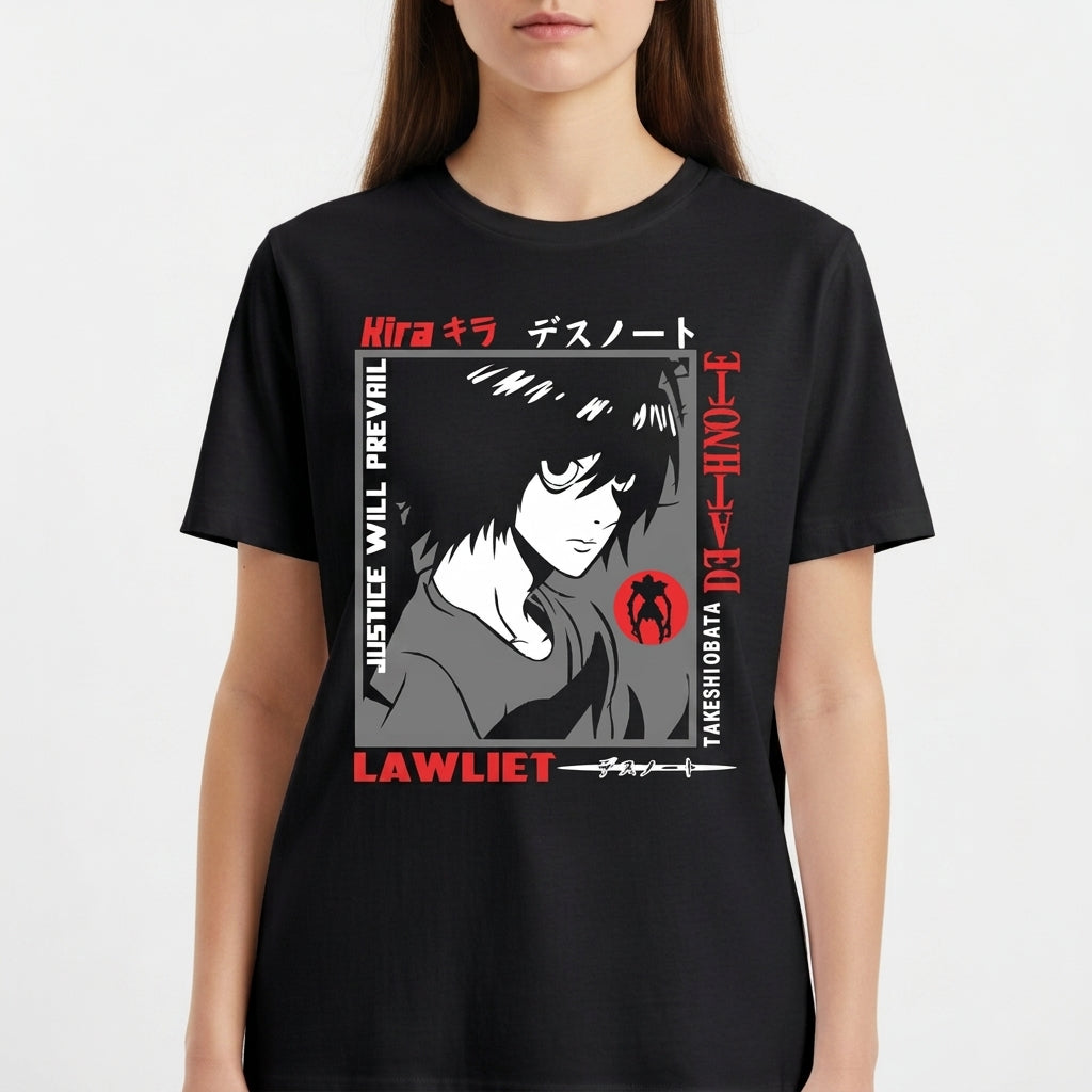 Camiseta com estampa frontal de personagem de anime em estilo gráfico, cercado por textos verticais e horizontais em inglês e japonês, com destaque para o nome "Lawliet".