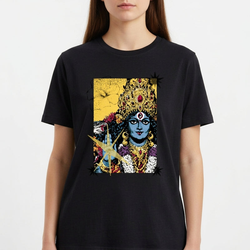 Camiseta com estampa frontal de uma figura feminina em estilo artístico, adornada com joias e detalhes florais, destacando expressões culturais e místicas.