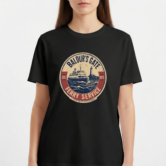 Camiseta com estampa frontal de um emblema circular apresentando um ferry estilizado, com inscrições que indicam "Baldur's Gate Ferry Service" e datas.